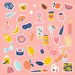 a set of vector stickers on the theme of summer, lifestyle, beauty and cosmetics - fruits, food, cosmetics, yoga and creativity. cute illustrations in flat style