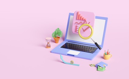 computer laptop with charts and graph, analysis business financial data,dollar coins, online marketing isolated on pink pastel background ,3d illustration or 3d render
