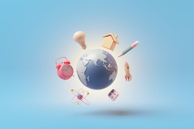 creative of globalization globe internet rocket spaceship. science physics maths pencil of ideas imagination online. kids cute pastel objects of learning education on blue background. 3d illustration.