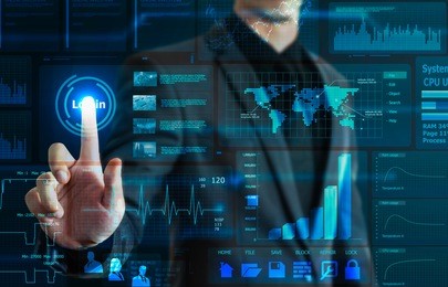 businessman touching technology screen