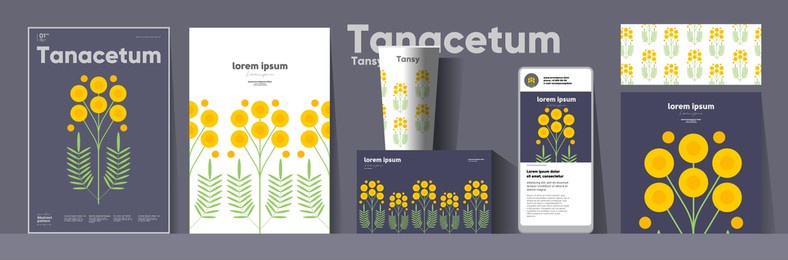 flowers and plants. tanacetum. corporate identity. set of vector illustrations. floral background pattern. design of cup, poster, banner, packaging, price tag and cover.