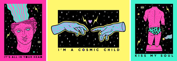 acid ancient sculptures in trendy psychedelic cosmic style. set of posters with greek statues. t-shirt design and printing, bags, posters, invitations, cards, etc. vector hand drawn illustration.