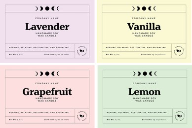 candle label template candy pastel colors, minimalist label design, packaging label, moon phases, lavender candle, label sticker