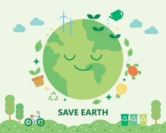 environmental protection poster decorated with environmental icons around a smiling globe. flat design style minimal vector illustration.
