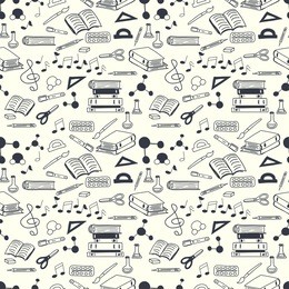seamless pattern with scribbled school stationery. hand drawn back to school doodles. sketched chalkboard, notes, books, paint, pencil, molecules. tiling back to school background.