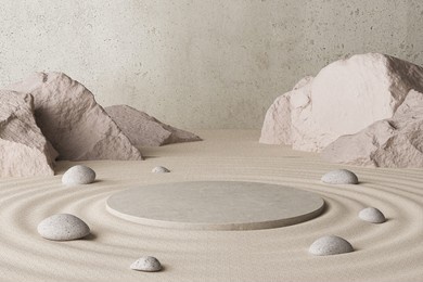 cosmetic background for product presentation, podium display on zen circle pattern in sand, 3d rendering.