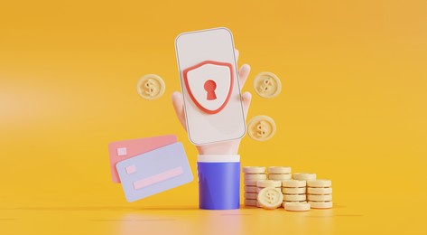 financial security, online payment protection, online transaction, online banking, and online shopping, saving money concept. mobile phone bank. electronic wallet, coins, credit card, 3d illustration