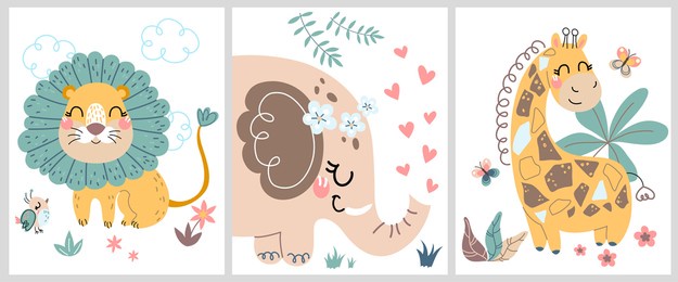 cute hand drawn posters with a little lion, giraffe, elephant vector prints for baby room, baby shower card, greeting card, kids and baby t-shirts, and wear. set of flat cartoon vector illustrations