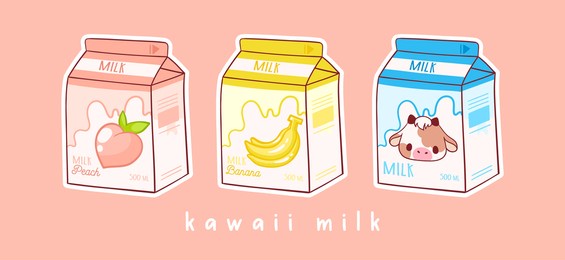 set of three cartoons of milk. three various tastes. peach, banana and milk. asian product. hand drawn colored trendy vector illustration. kawaii anime design. cartoon style