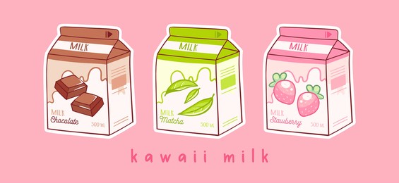 set of three cartoons of milk. three various tastes. chocolate, matcha and strawberry. asian product. hand drawn colored trendy vector illustration. kawaii anime design. cartoon style