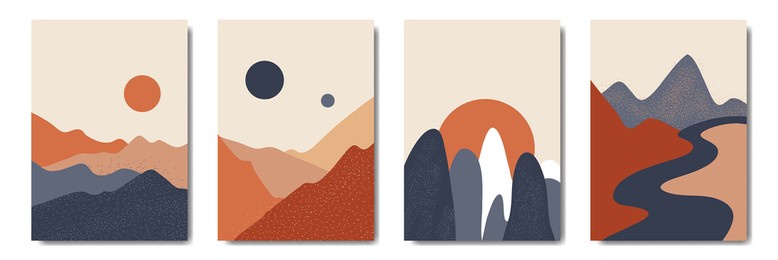 contemporary abstract mountain wall art bundle. set of landscape wall decor for print. aesthetic modern minimalist wall decor, trendy simple vector illustration