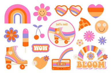 hippie retro vintage icons in 70s-80s style. flat vector illustration.