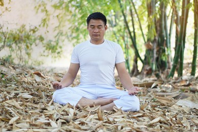 soft focus of asian man sits and do meditation alone in forest. blurred background and light.                              