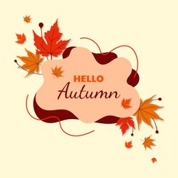 hello autumn background banner and poster. hello autumn greeting text with red and orange autumn leaves and a light yellow background.