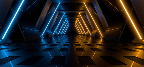 sci fy neon glowing lamps in a dark corridor. reflections on the floor and walls. empty background in the center. 3d rendering image. techology futuristic background.