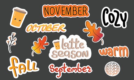 set of doodle art lettering stickers, fall season, autumn leaves vector flat illustration. handwritten sticker bundle with cute trendy lettering for planners, social media, t-shirts, marketing, chat