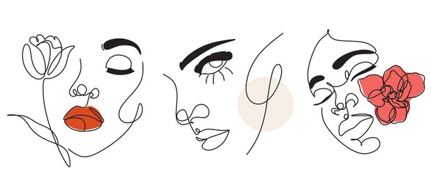 woman face with flowers logo. surreal line art female floral girl. abstract face line art drawing. portrait minimalistic style. nature symbol of cosmetics. minimal print. 
