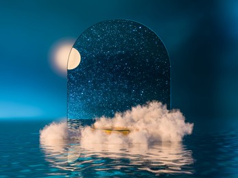 natural beauty podium backdrop for product display with dreamy cloud and arch frame. 3d seascape night scene.