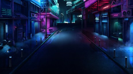 night neon city of the future. realistic 2d illustration. translation: "pawnshop. bar".