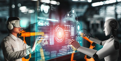 mechanized industry robot and human worker working together in future factory . concept of artificial intelligence for industrial revolution and automation manufacturing process .