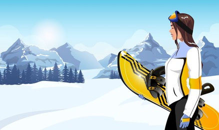 beautiful female snowboarder on the snowy slope of the winter resort. a woman snowboarder with sports equipment and a ski suit. against the background of the blue sky and the sun. vector illustration