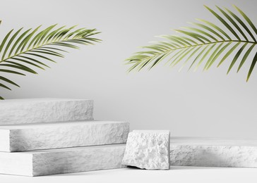 3d background, stone podium display. green tropical palm. cosmetics, beauty product promotion white pedestal.  natural  shadow, rough grey rock showcase. abstract minimal studio 3d render 
