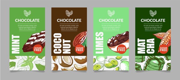 collection of chocolate labels original design vector flat illustration. set packaging template choco candy card box isolated. wrapped of natural delicious dessert with mint, coconut, lime and matcha