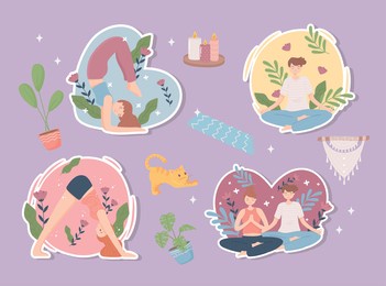 people yoga stickers icon set