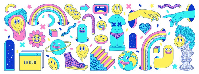 sticker pack of funny cartoon characters, greek ancient statues, emoji and surreal elements. vector illustration. big set of comic elements in trendy psychedelic weird cartoon style.