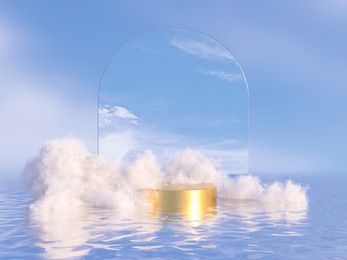 natural beauty podium backdrop for product display with dreamy cloud and arch frame. romantic 3d seascape scene.