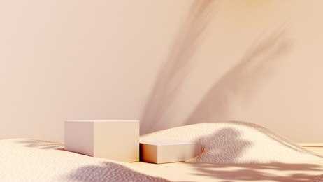 premium podium, showcase on pastel background with shadows, natural stones and beach sand. mock up for the exhibitions,presentation of products, therapy, relaxation and health -3d render.
