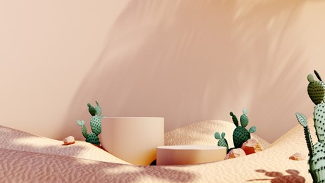 premium podium, showcase on pastel background with shadows, natural stones, beach sand and cactus. mock up for the exhibitions,presentation of products, therapy, relaxation and health -3d render.