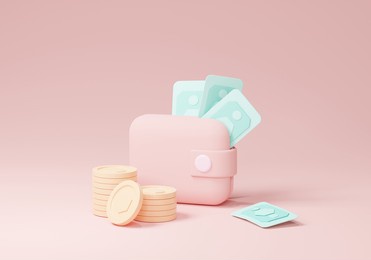 3d money holding wallet pink, coin 3d, banknote on isolate pink background, online payment and payment concept. 3d holding wallet render for business, bank, finance, investment, money saving