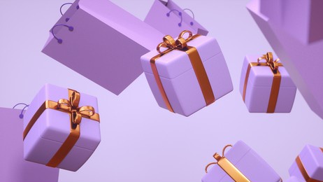 several gifts hovering in the air in purple tones with golden candy, as well as gift bags near them, a gift for a girl - 3d rendering