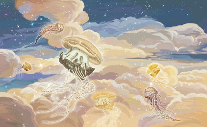 bright colourful sky wallpaper. jellyfish in the sky.starry sky illustration. illustration of clouds on a blue background.drawn book illustration, card, postcard, wallpaper, mural