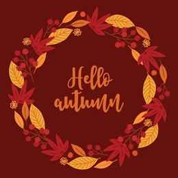 autumn greeting card with berries, flowers and colorful leaves on brown background. circle wreath in scandinavian style. perfect for seasonal holidays. vector illustration