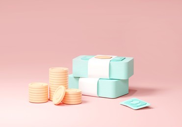 3d money saving and transfer, coin, banknote on isolate pink background, online payment and payment concept. 3d holding wallet render for business, bank, finance loan, investment, money saving