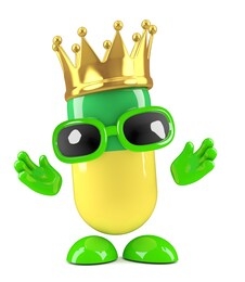 3d render of a pill wearing a gold crown