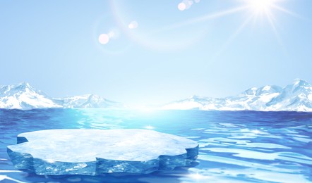 3d glacier scene design with ice stage floating on sea surface. blank background suitable for displaying icy product.