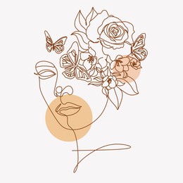 woman line art beauty logo. surreal line art female floral girl. abstract face with plants by  line drawing. portrait minimalistic style. nature symbol of cosmetics. botanical logo. 
