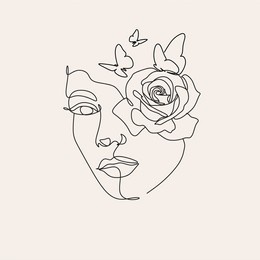 woman line art beauty logo. surreal line art female floral girl. abstract face with plants by  line drawing. portrait minimalistic style. nature symbol of cosmetics. botanical logo. 
