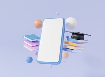 minimal cartoon graduation cap and book search bar a smartphone with touch white screen  learning online education concept. pastel background for banner website application page template. 3d rendering