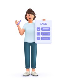 young woman jane with tasks on paper sheets, planning schedule to finish task on time. deadline, assignments scheduling, work process organization concept. 3d vector people character illustration.