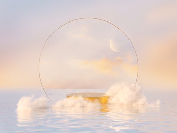 natural beauty podium backdrop for product display with dreamy cloud and arch frame. romantic 3d seascape scene.