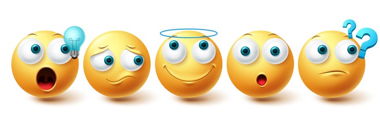 emoji vector set. emojis yellow emoticon happy, sad, angel and thinking face collection isolated in white background for graphic design elements. vector illustration
