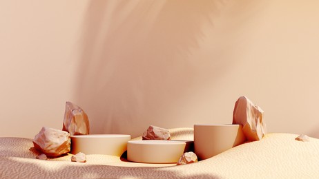 premium podium, showcase on pastel background with shadows, natural stones and beach sand. mock up for the exhibitions,presentation of products, therapy, relaxation and health -3d render.