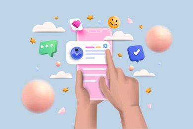 3d social media platform, online social communication applications concept, emoji, hearts, chat and chart with smartphone background. 3d vector illustration