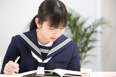 a middle school girl studying at school