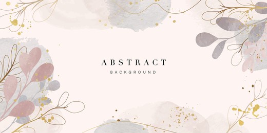abstract art background vector. luxury minimal style wallpaper with golden line art flower and botanical leaves, organic shapes, watercolor. vector background for banner, poster, web and packaging.
