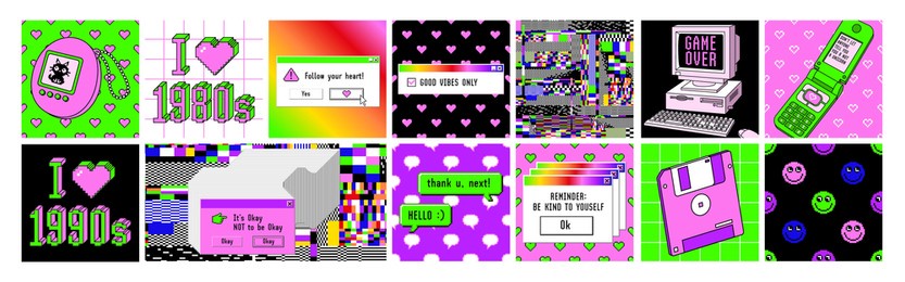 old computer aesthetic. sticker pack of retro pc elements. big set of user interface elements and technology illustration in trendy retrowave style. nostalgia for 1980s -1990s. square posters.